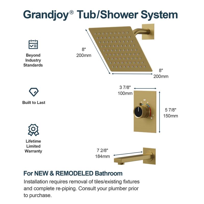 GRANDJOY Wall Mount Shower Head with Tub Spout 8 inch High Pressure Shower Faucet Set