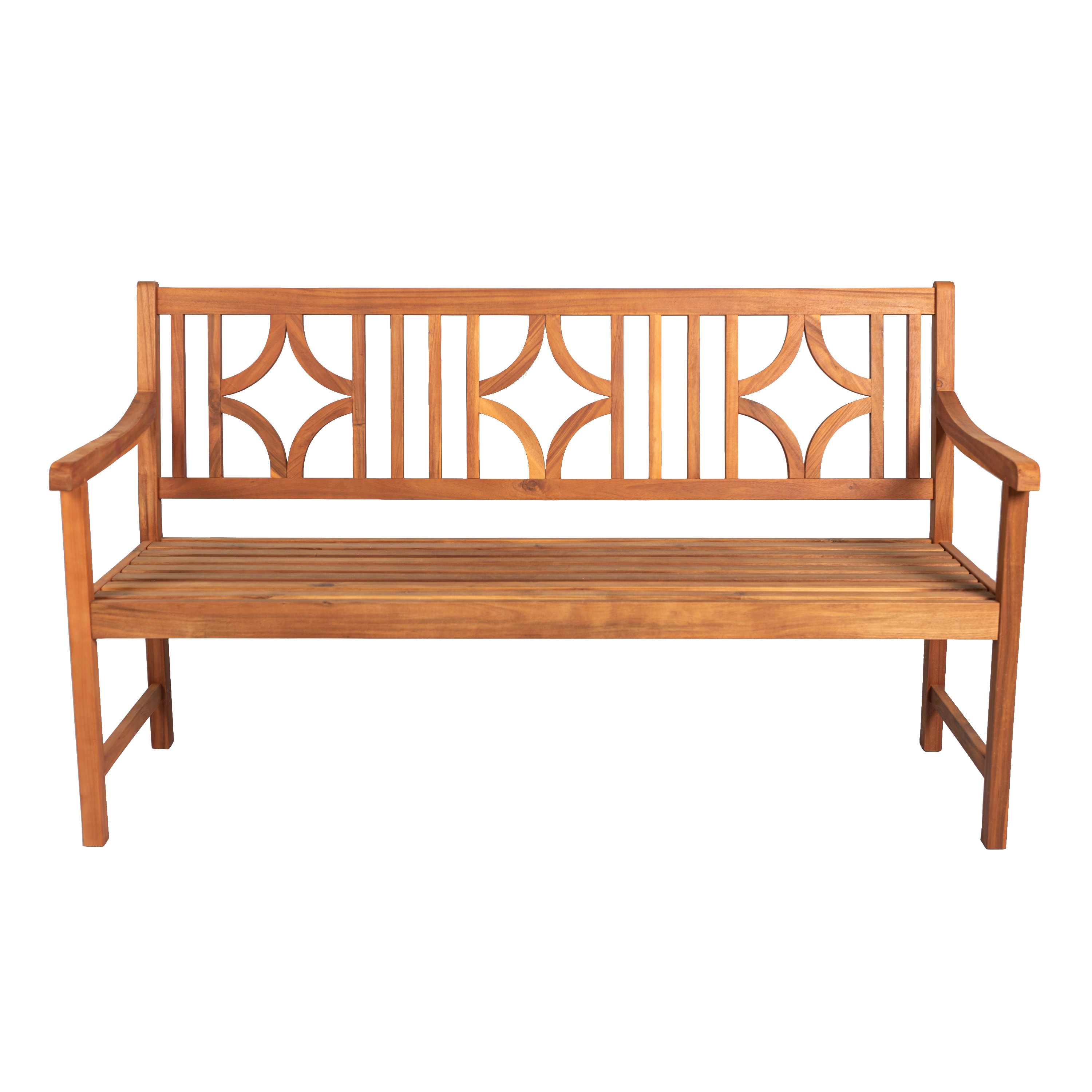 Sloane Classic Solid Acacia Wood Outdoor Bench with Geometric Back & Armrests, Patio Garden Seating for Porch & Entryway - 59.1"