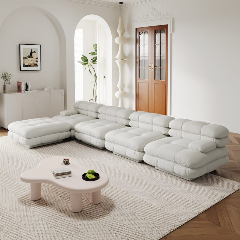 146'' L-shape Teddy Velvet Fabric 5-pieces Upholstered Sectional Sofa - Beige
