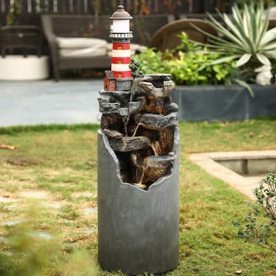 Resin/Cement Lighthouse Outdoor Fountain with LED Lights