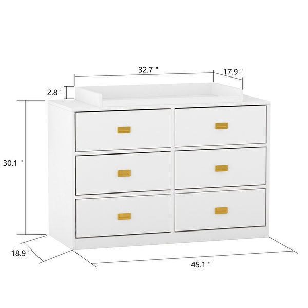 dimension image slide 0 of 2, Dresser 6 Drawers With Baby Changing Table In White/Grey Golden Handle - 45.1"W