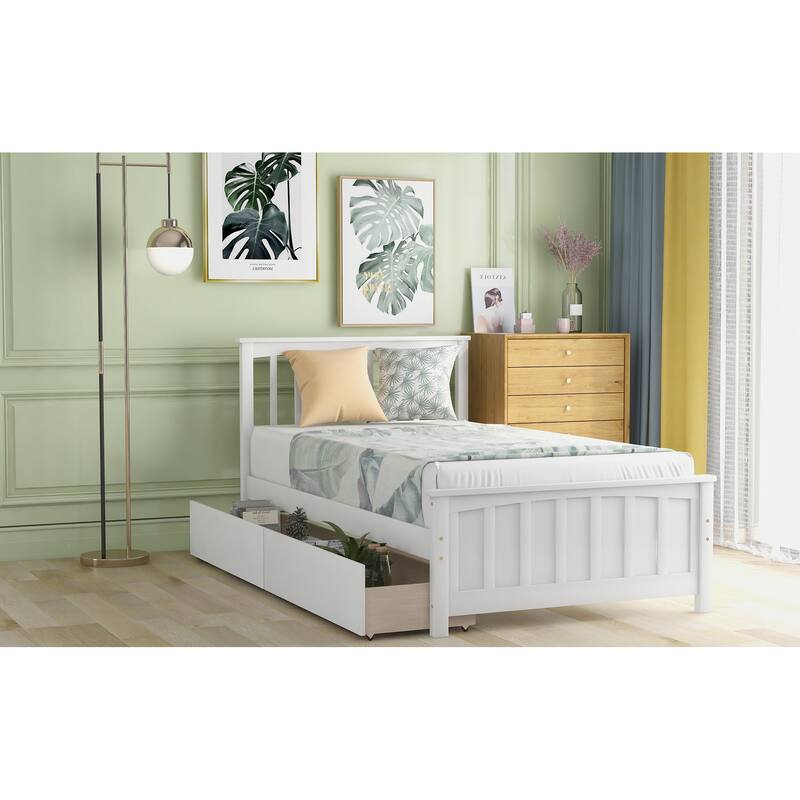 Twin Size White Platform Bed with Two Drawers, Sturdy Pine Wood Frame