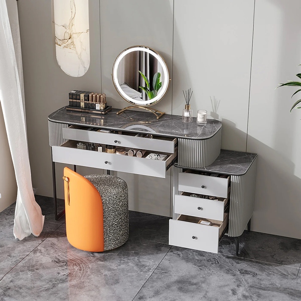 Dressing table with store mirror lights and stool