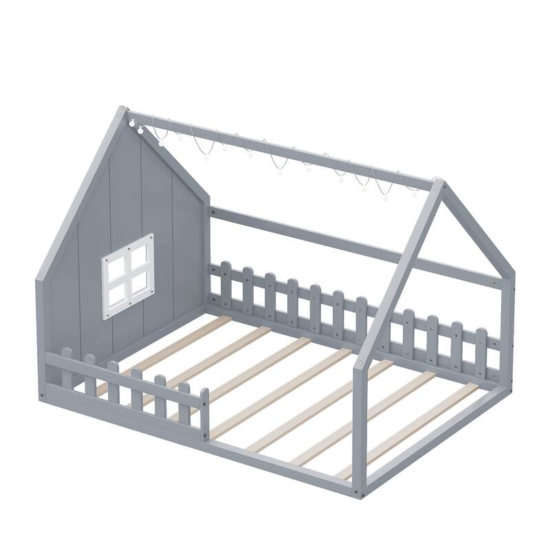 Full Size Wood House Bed with Window and Fence