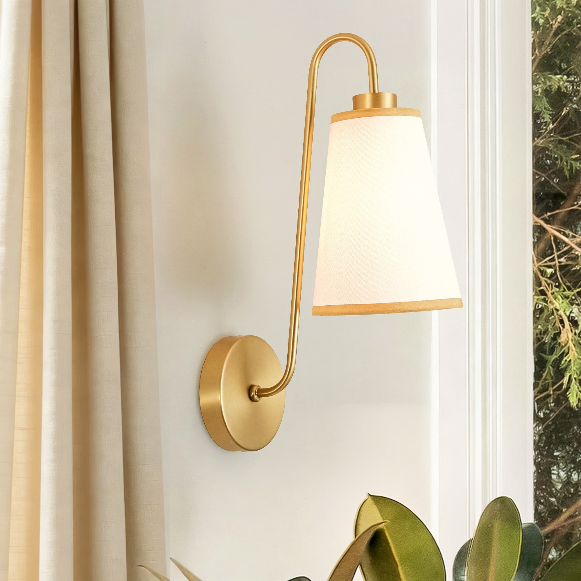 Rennnsan 1-Light 17 in. Transitional Brushed Gold Linen Wall Sconce with White Tapered Fabric Shade