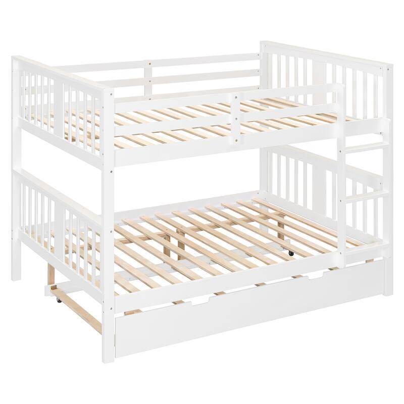 Full over Full Bunk Bed with Twin Trundle and Ladder, White Finish, Space-Saving Design