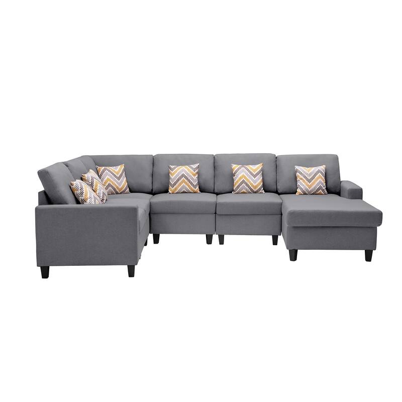 Linen Fabric 6 Piece Reversible Chaise Sectional Sofa with 6 Pillows and Interchangeable Legs