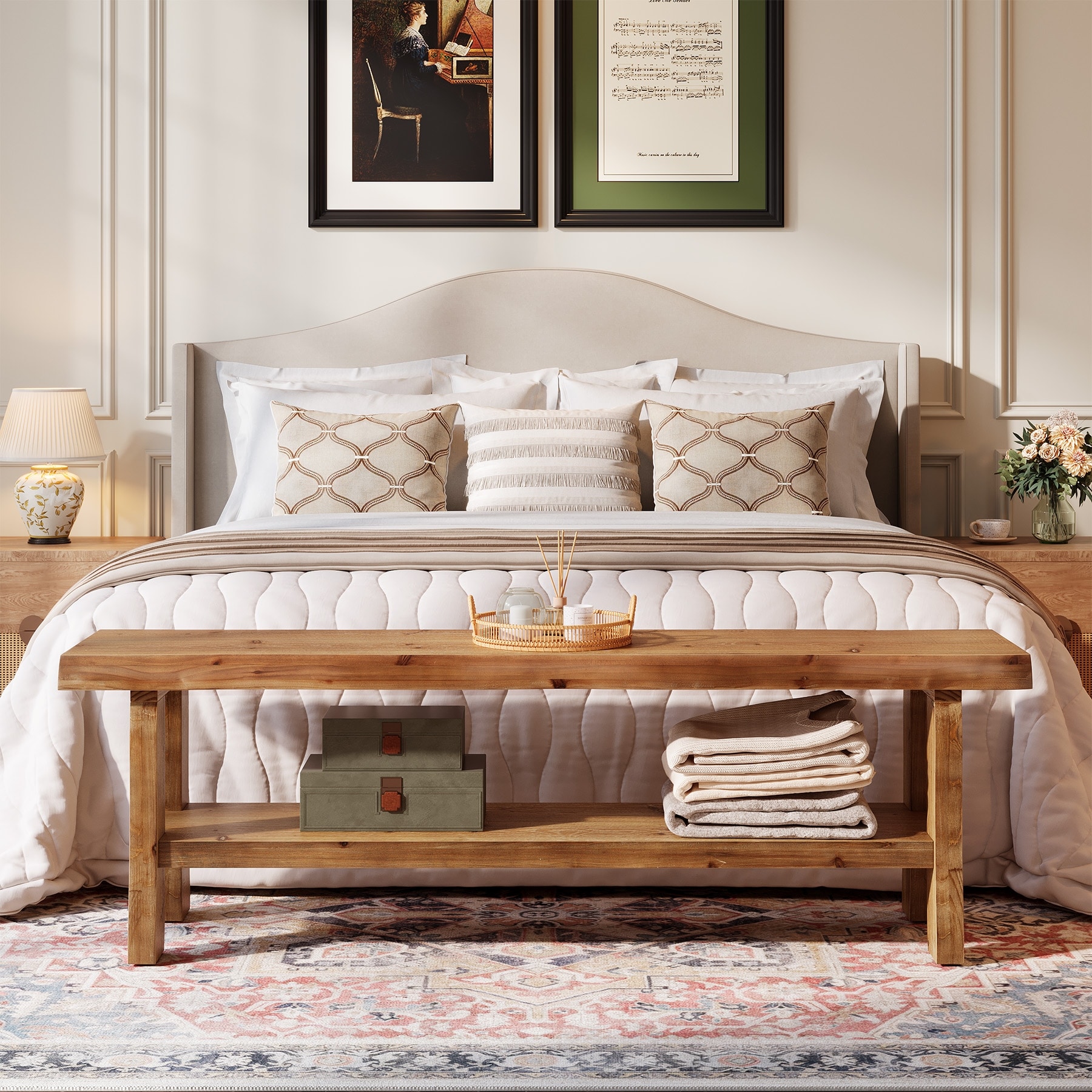 55" Solid Wood Farmhouse Bench with Storage Shelf