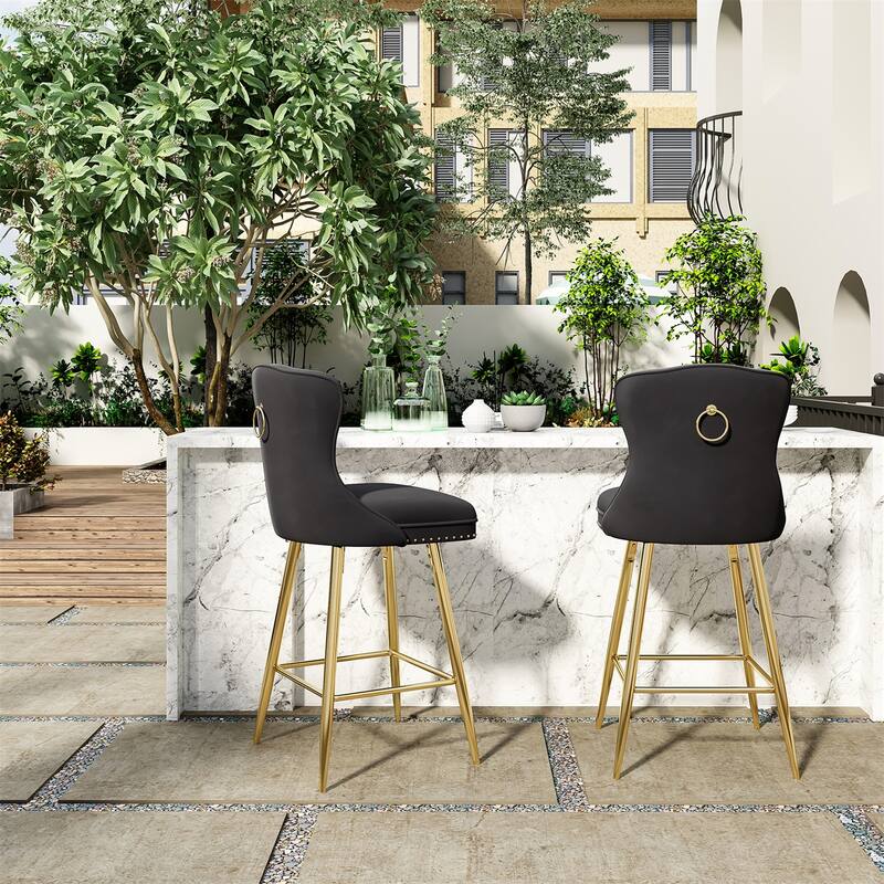Velvet Bar Stools with Metal Legs, Button Tufted and Nailheads Trim (Set of 2)