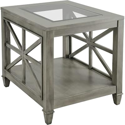 Solid Wood Farmhouse Square End Table with Tempered Glass Top