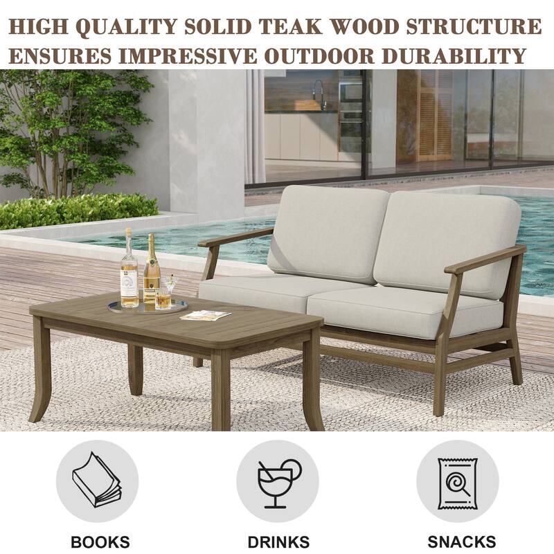 Teak Wood Patio Outdoor Loveseat Sofa and Coffee Table Set