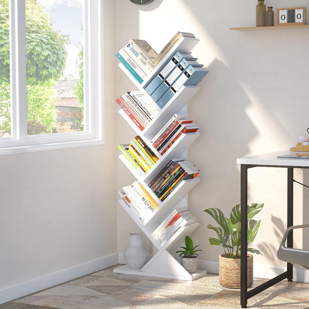9-Tier Tree Bookshelf, Retro Wood Storage Bookcase for CDs/Movies/Books
