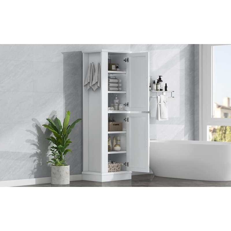 GDFStudio - Arden Tall Freestanding Bathroom Storage Cabinet with Hooks and Adjustable Shelves