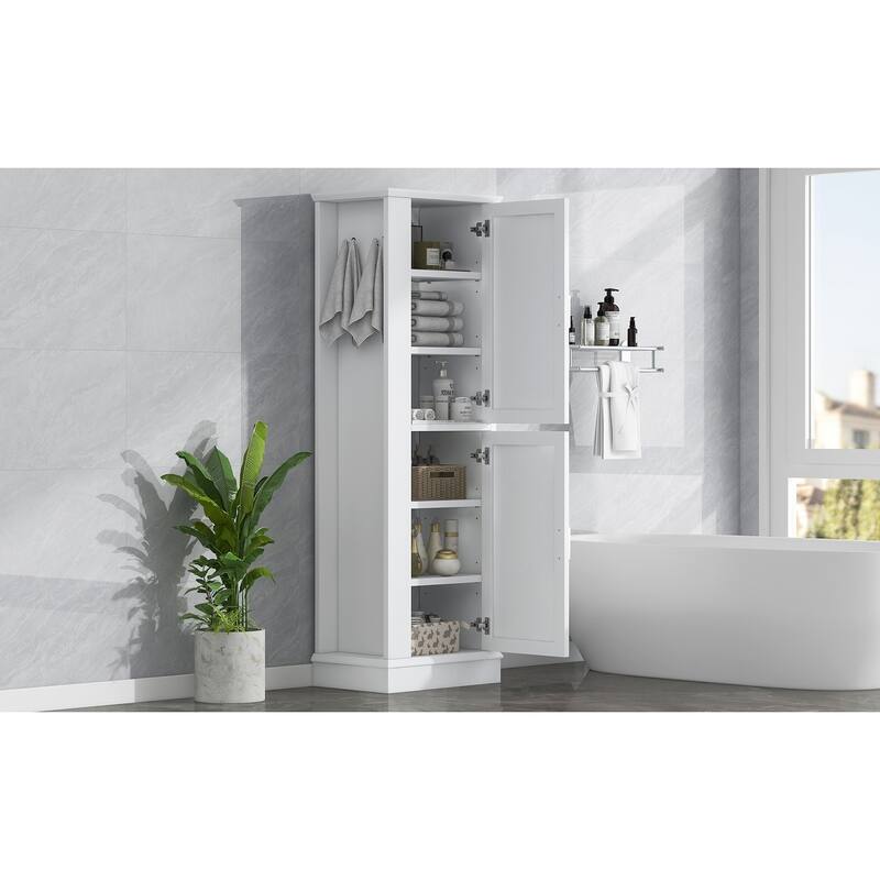 Modern Tall Bathroom Cabinet, Freestanding Storage Cabinet with Hooks and Adjustable Shelves, for Bathroom, White