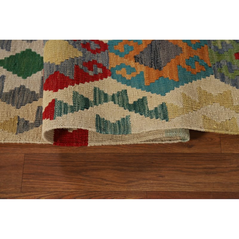 Geometric Beige Kilim Oriental Area Rug Flatweave Wool Carpet - 8'5" x 10'3"