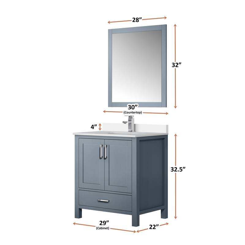 Jacques White Bath Vanity, Cultured Marble Top, Faucet Set and Mirror