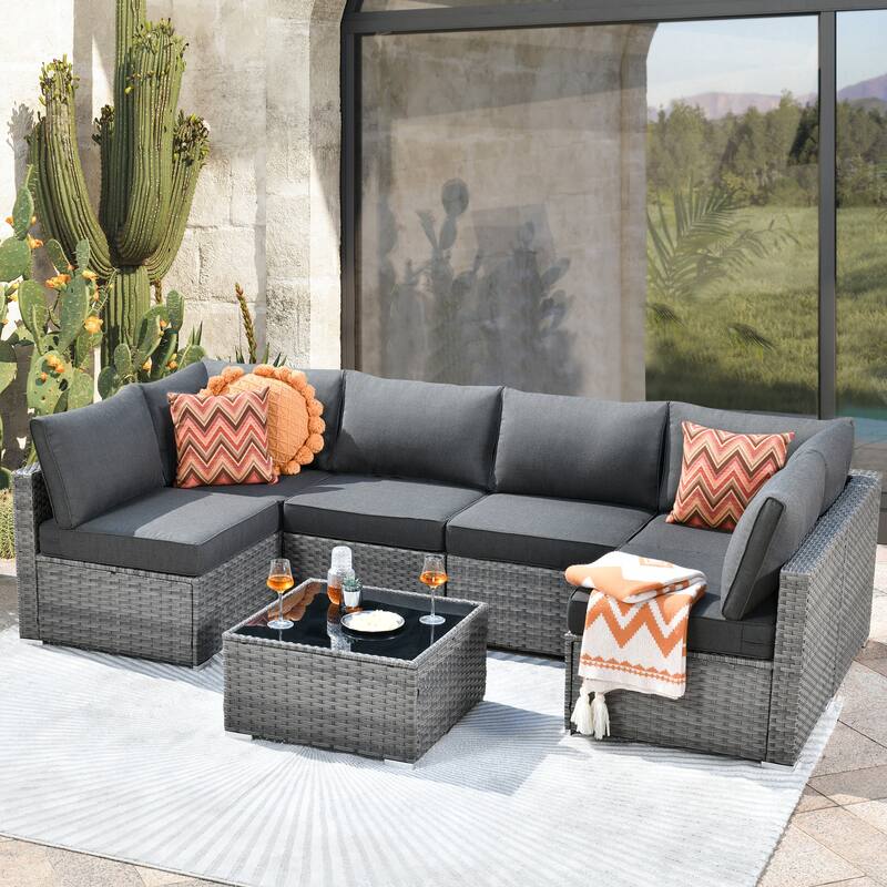 HOOOWOOO 7-piece Grey Rattan Wicker Outdoor Furniture Sectional Set - Black