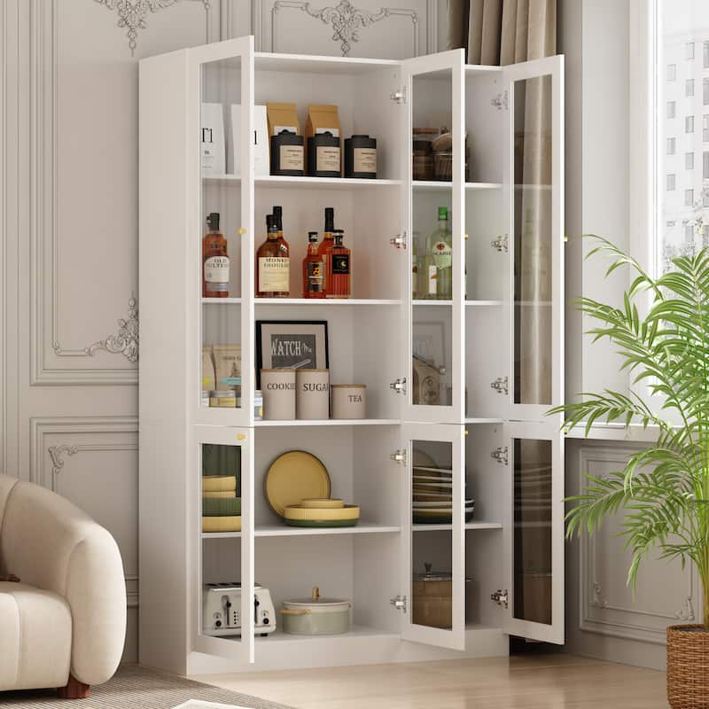 Tall Bookshelf Bookcase with 6 Glass Doors&Gold conical handle,White - 78.7"H