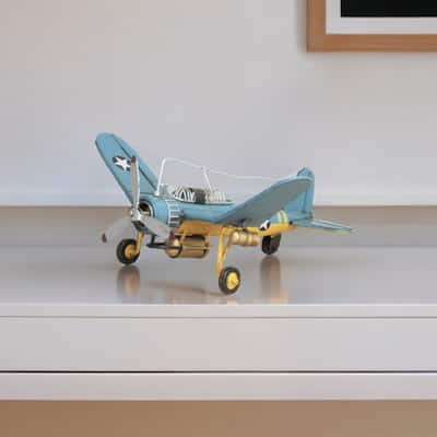 HomeRoots 6" Yellow and Green Metal Hand Painted 1942's F-4 Corsair Model Airplane - 14.5' X '6' X '12