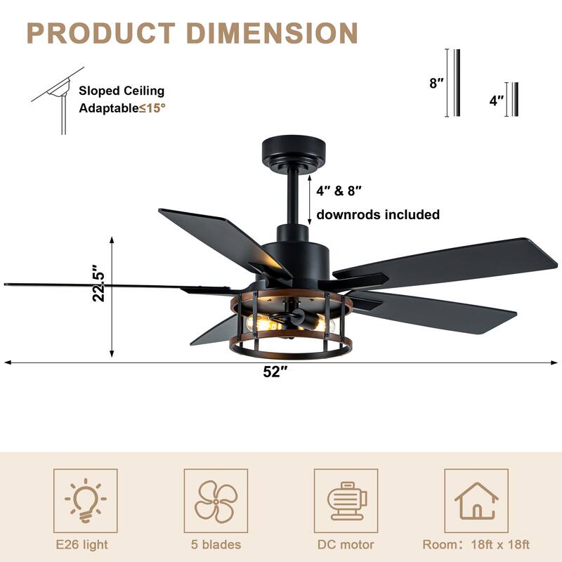 Bella Depot 52" Industrial Caged Ceiling Fan with Light and Remote 6-Speed Modern Reversible Large Fan DC Motor
