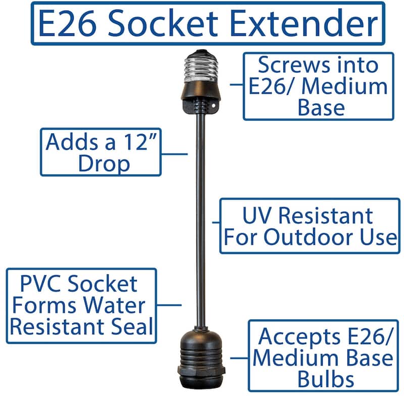 Novelty Lights E26 Medium Base Socket Extender, 12" Drop, Black Wire