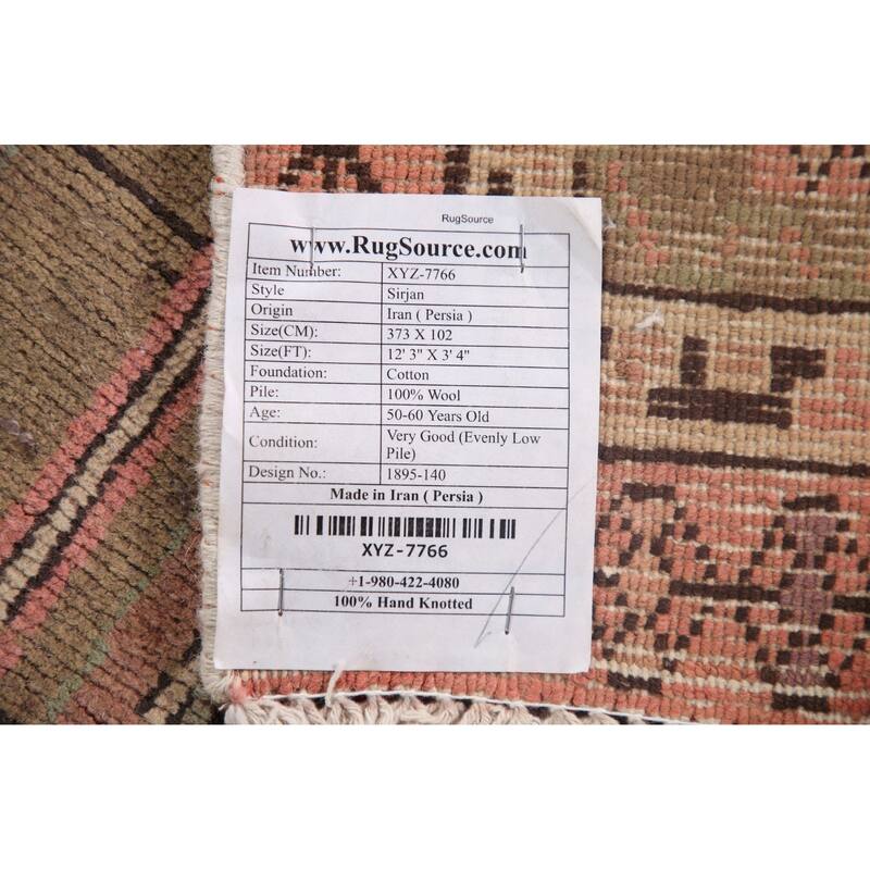 Pink Geometric Sirjan Persian Runner Rug Vintage Handmade Wool Carpet - 3'4" x 12'3"