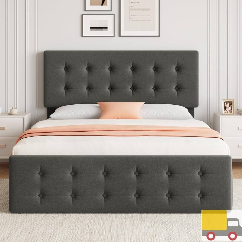 Upholstered Bed with 4 Drawers and Adjustable Button-Tufted Linen Headboard