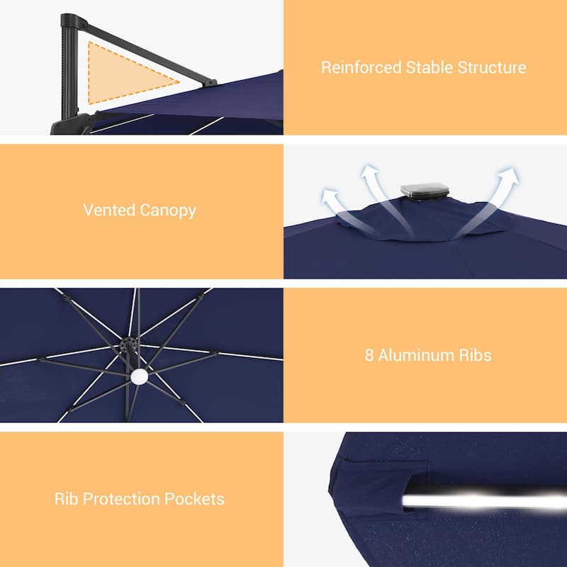 BONOSUKI 11ft LED Aluminum Patio Cantilever Offset Umbrella with Base