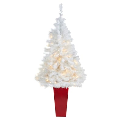 White Artificial Christmas Tree with 100 Clear LED Lights in Planter - Sleek Seasonal Holiday X-Mas Accent