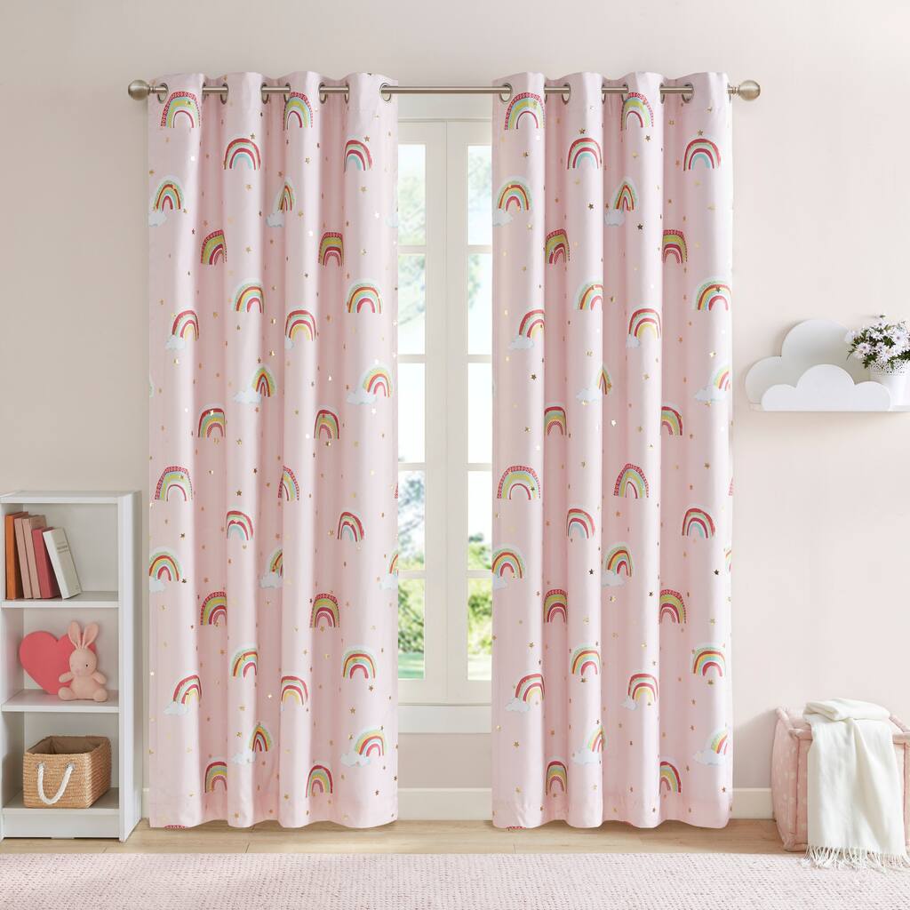 Mi Zone Kids Mia Pink Rainbow with Metallic Printed Total Blackout Curtain Panel