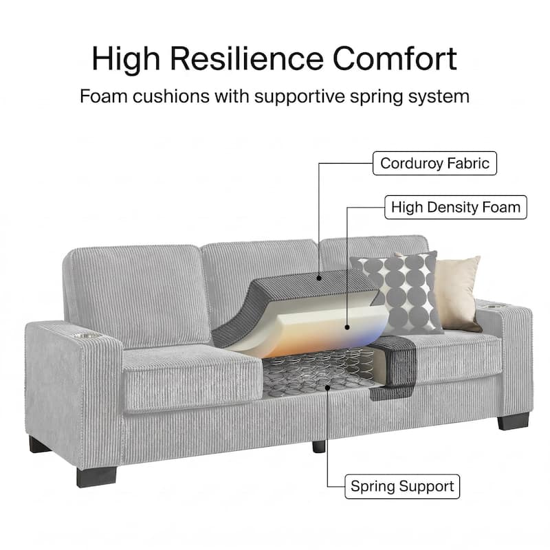 83.8'' Corduroy 3-Seat Sofa with Cup Holders, Modern Upholstered Couch, Compressed Living Room Sofa for Apartment Home Office