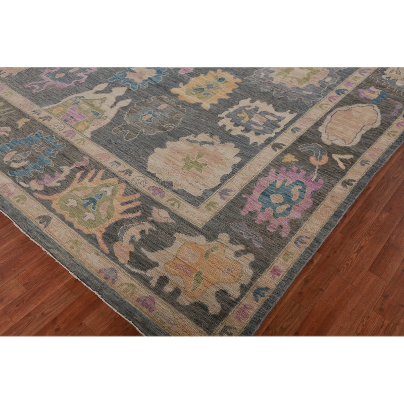 Hand Knotted Oriental 100% Wool Carpet Transitional All-Over Greys & Charcoal Oushak Area Rug - 14' 4'' X 9' 11''