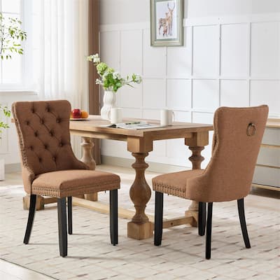 Set of 2 Tufted Linen Upholstered Dining Chairs with Black Wood Legs