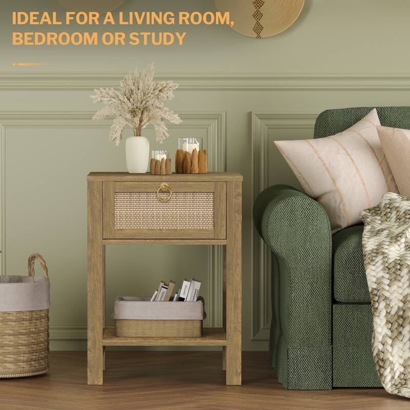 SICOTAS Farmhouse 1-Drawer Rattan Nightstand