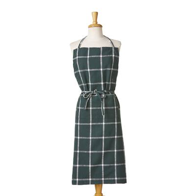 Classic Check Slub Bib Apron with Large Pocket and Waist Tie Dark Green, One Size Fits Most, Machine Wash, Green