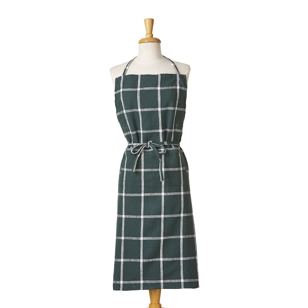 Classic Check Slub Bib Apron with Large Pocket and Waist Tie Dark Green, One Size Fits Most, Machine Wash, Green