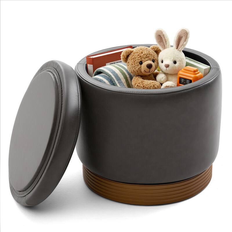 Round Swivel Storage Ottoman Footstool with Flip-top and Acacia Frame - Grey