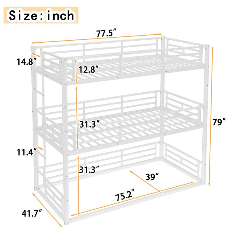 Twin over Twin over Twin Bunk Bed, Metal Triple Bunk Bed with Safety Guardrails, Heavy-duty Bunk Bed with Noise-reduced Design