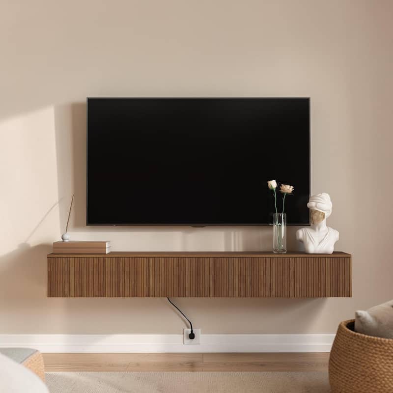 65" Floating TV Stand Wall Mounted with 16 Color LED Lights, Modern TV Cabinet for 55-65 Inch TVs