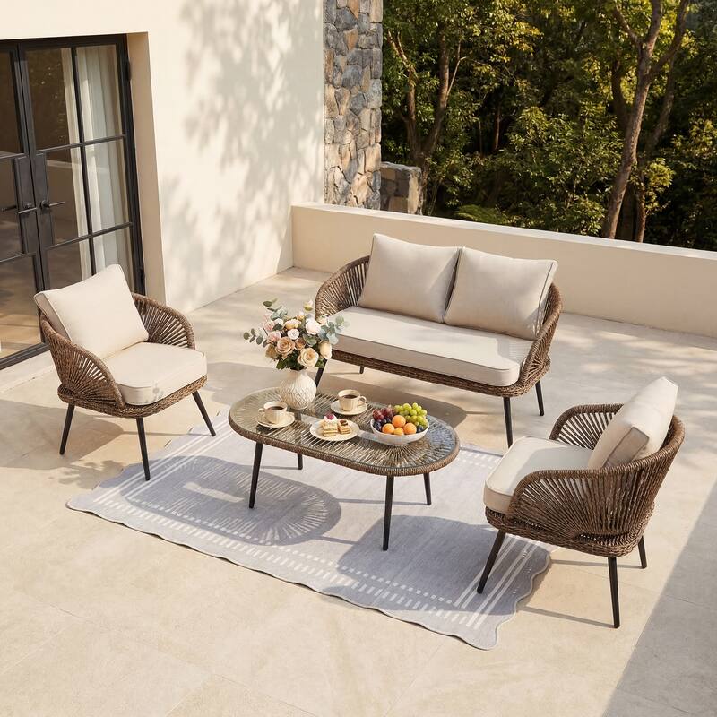 4-Person Outdoor Wicker Patio Conversation Seating Set with Coffee Table, Weather-Resistant Cushions - Natural