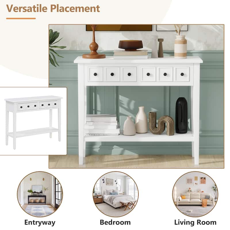 Rustic Console Table with Open Shelf and Rubber Wood Legs