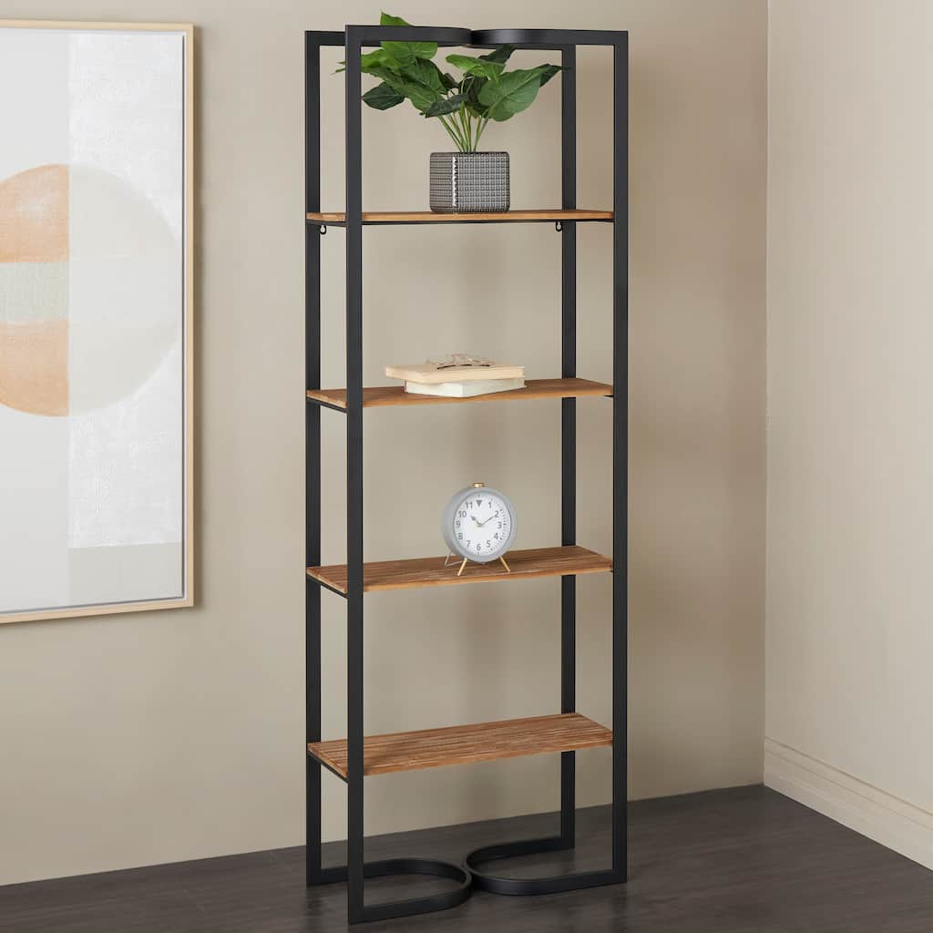 Black Metal 4 Tier Shelving Unit with Wood Shelves and Arched Designs