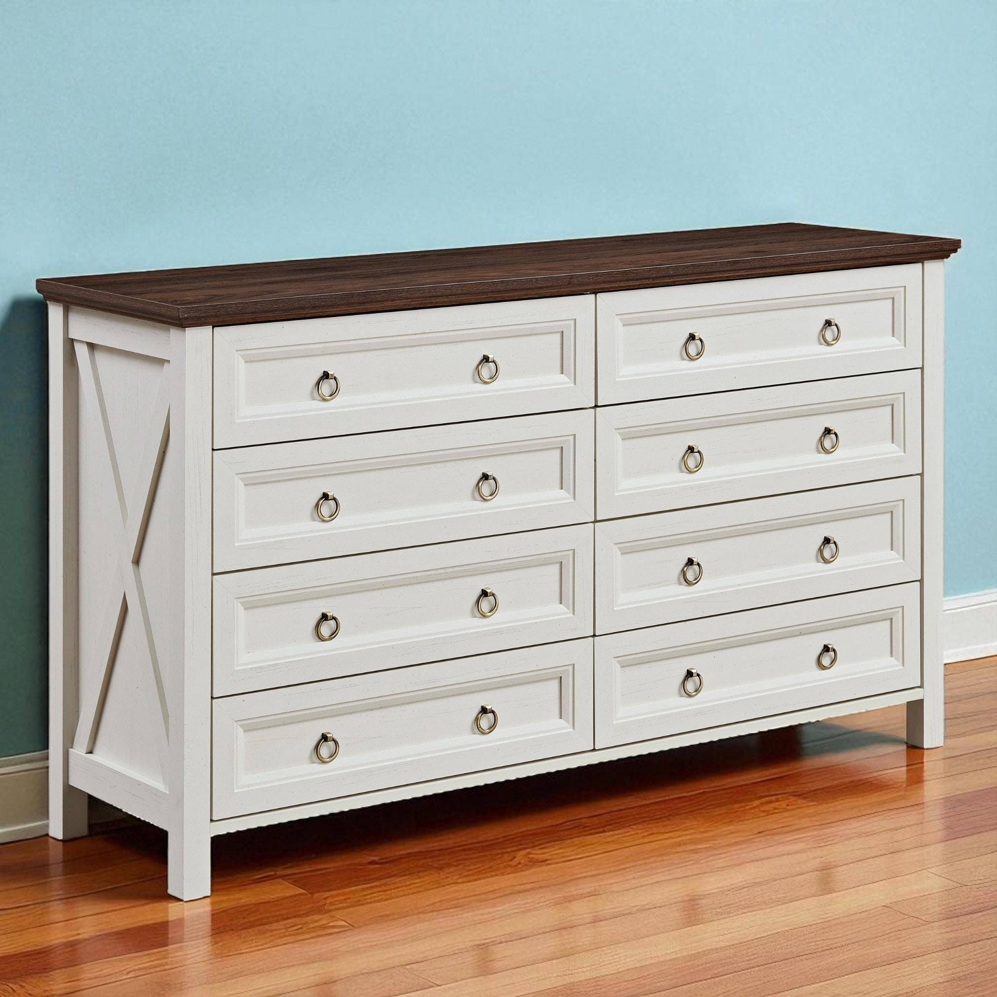 Dresser 8-Drawer Sideboard Storage Cabinet, Rustic Wood Buffet Console with Barn Door Style, Accent Organizer for Living Room.