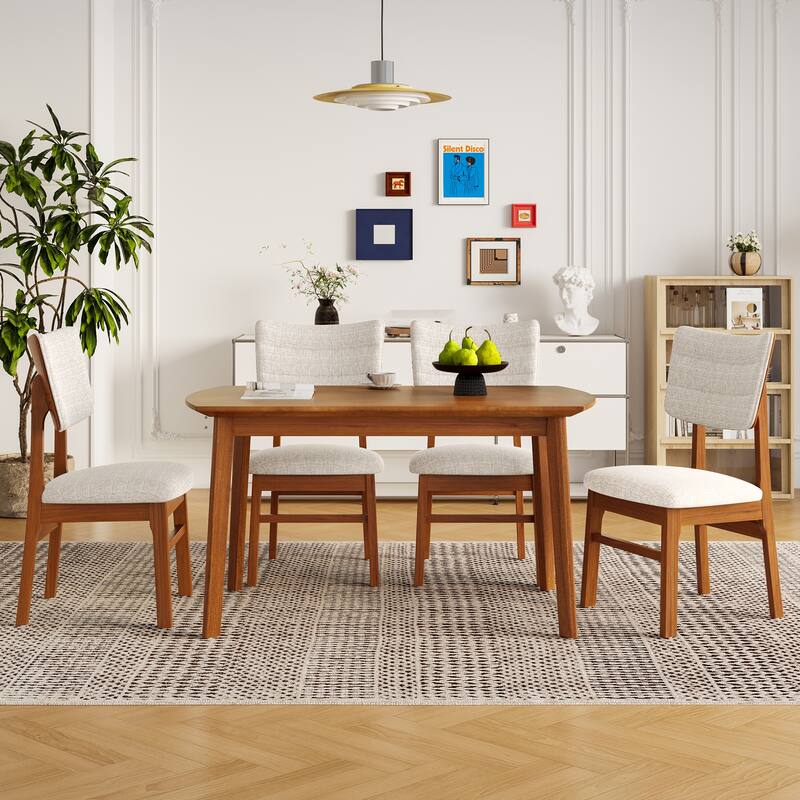 Farmhouse 5-Piece Dining Table Set, Rubberwood Table & 4 Upholstered Chairs Set, Space-Saving Dining Room Dining Set