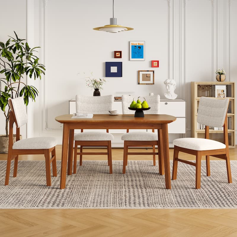 Farmhouse Dining Table Set for 4 with Sturdy Rubber Wood Frame and Upholstered Chairs for Versatile Spaces
