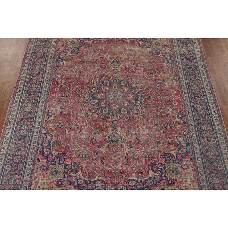 Distressed Mashad Persian Antique Area Rug Hand-Knotted Wool Carpet - 9'5" x 12'5"