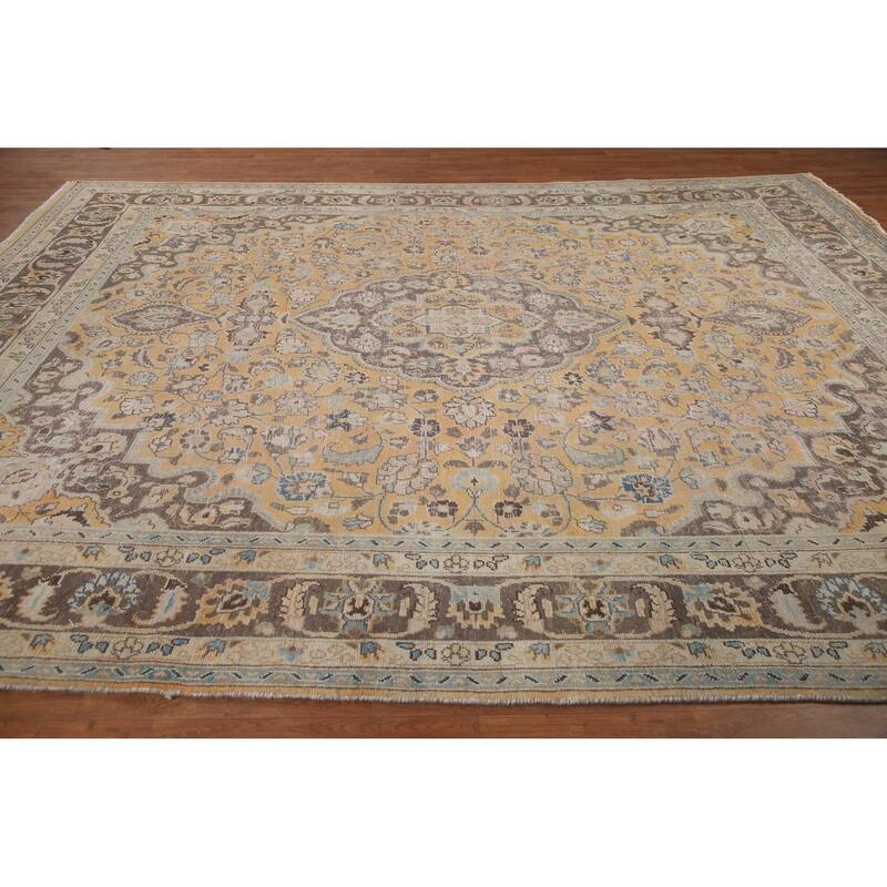 Hand Knotted Oriental 100% Wool Carpet Traditional Floral Yellow & Gold Mashad Area Rug - 12' 5'' X 9' 4''