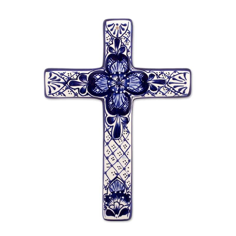 NOVICA Talavera Flower, Ceramic wall cross