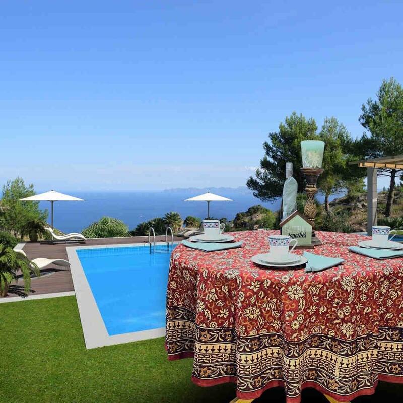 Marigold Bloom Floral Cotton Block Print Tablecloth - 72-in Round - Ruby Terracotta