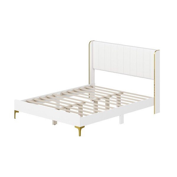 White Bed Frame: PU - Upholstered Headboard with Exquisite Gold